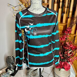 Rare Sessions women’s Athletic Jersey Brown Turquoise Top T-Shirt Size S